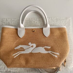Longchamp Natural Straw Tote with White Horse Motif and White Trim